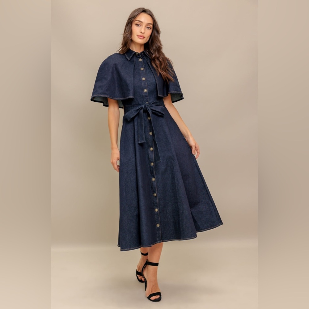 Stylish Navy Button-Up Cape Dress - Picture 7 of 10
